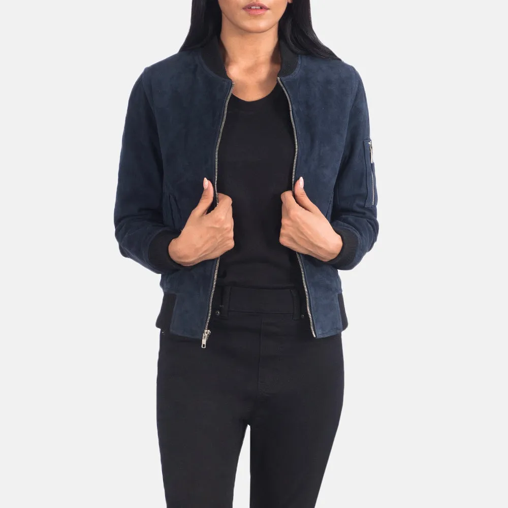 Unique Blue Suede Bomber Jacket For Women