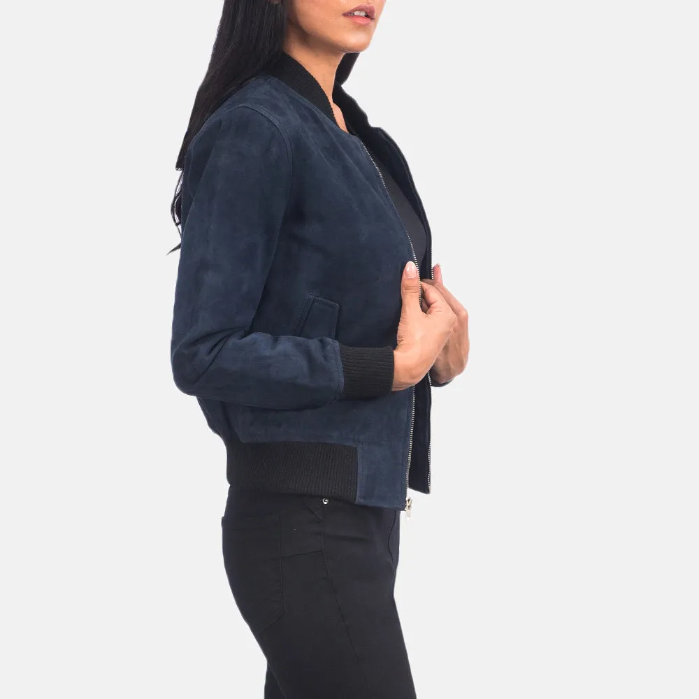 Unique Blue Suede Bomber Jacket For Women