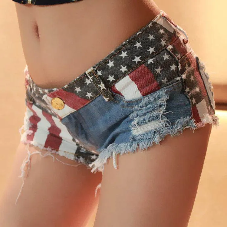 Usa Flag Cut-Off Jean Shorts Stretch Denim Micro Shorts