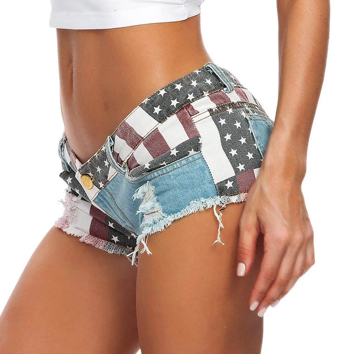 Usa Flag Cut-Off Jean Shorts Stretch Denim Micro Shorts