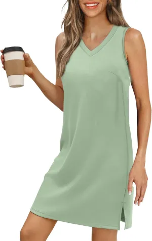 V Neck Dress for Women Sleeveless Casual Beach Side Slit Tank Sundresses Solid Swimsuit Cover Up Vacation Sundress