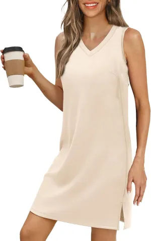 V Neck Dress for Women Sleeveless Casual Beach Side Slit Tank Sundresses Solid Swimsuit Cover Up Vacation Sundress