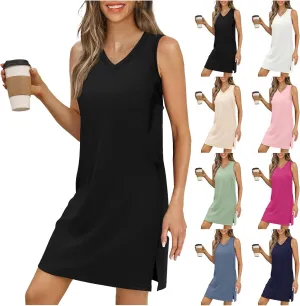V Neck Dress for Women Sleeveless Casual Beach Side Slit Tank Sundresses Solid Swimsuit Cover Up Vacation Sundress
