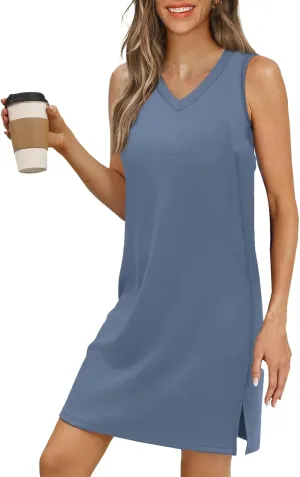 V Neck Dress for Women Sleeveless Casual Beach Side Slit Tank Sundresses Solid Swimsuit Cover Up Vacation Sundress