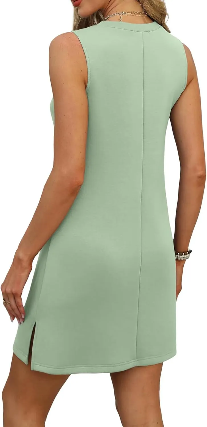V Neck Dress for Women Sleeveless Casual Beach Side Slit Tank Sundresses Solid Swimsuit Cover Up Vacation Sundress