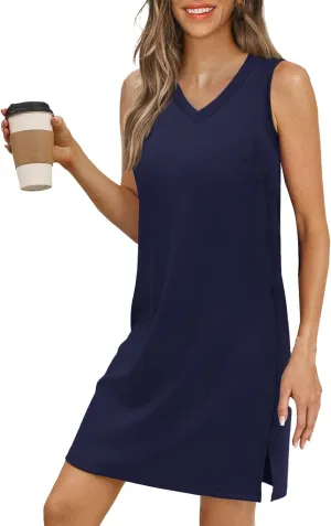 V Neck Dress for Women Sleeveless Casual Beach Side Slit Tank Sundresses Solid Swimsuit Cover Up Vacation Sundress