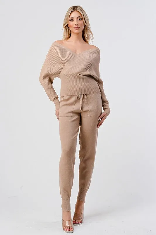 V Neck Knitted Sweater Pant Set