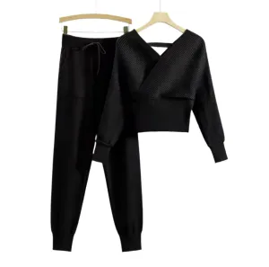 V Neck Knitted Sweater Pant Set
