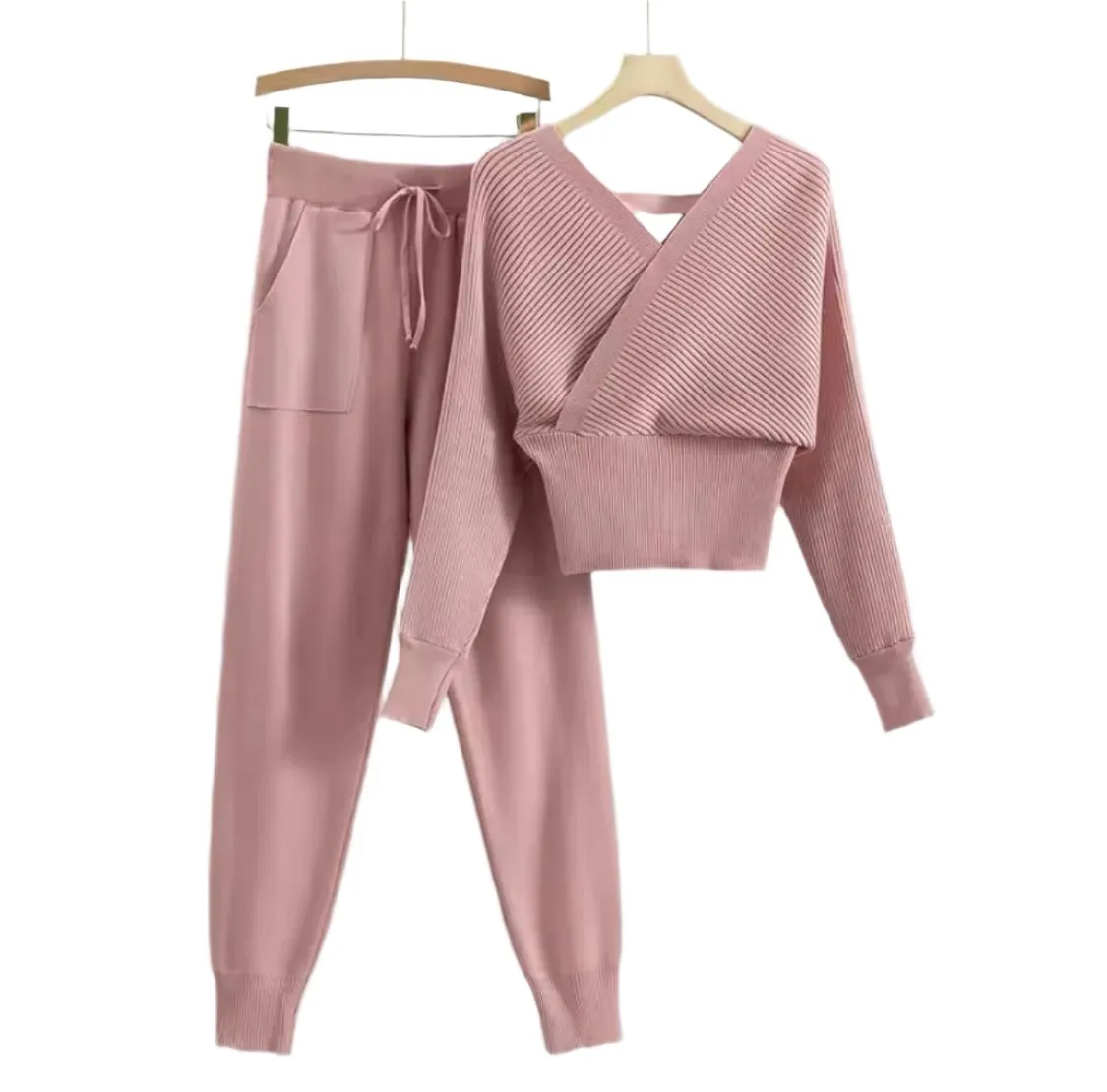 V Neck Knitted Sweater Pant Set