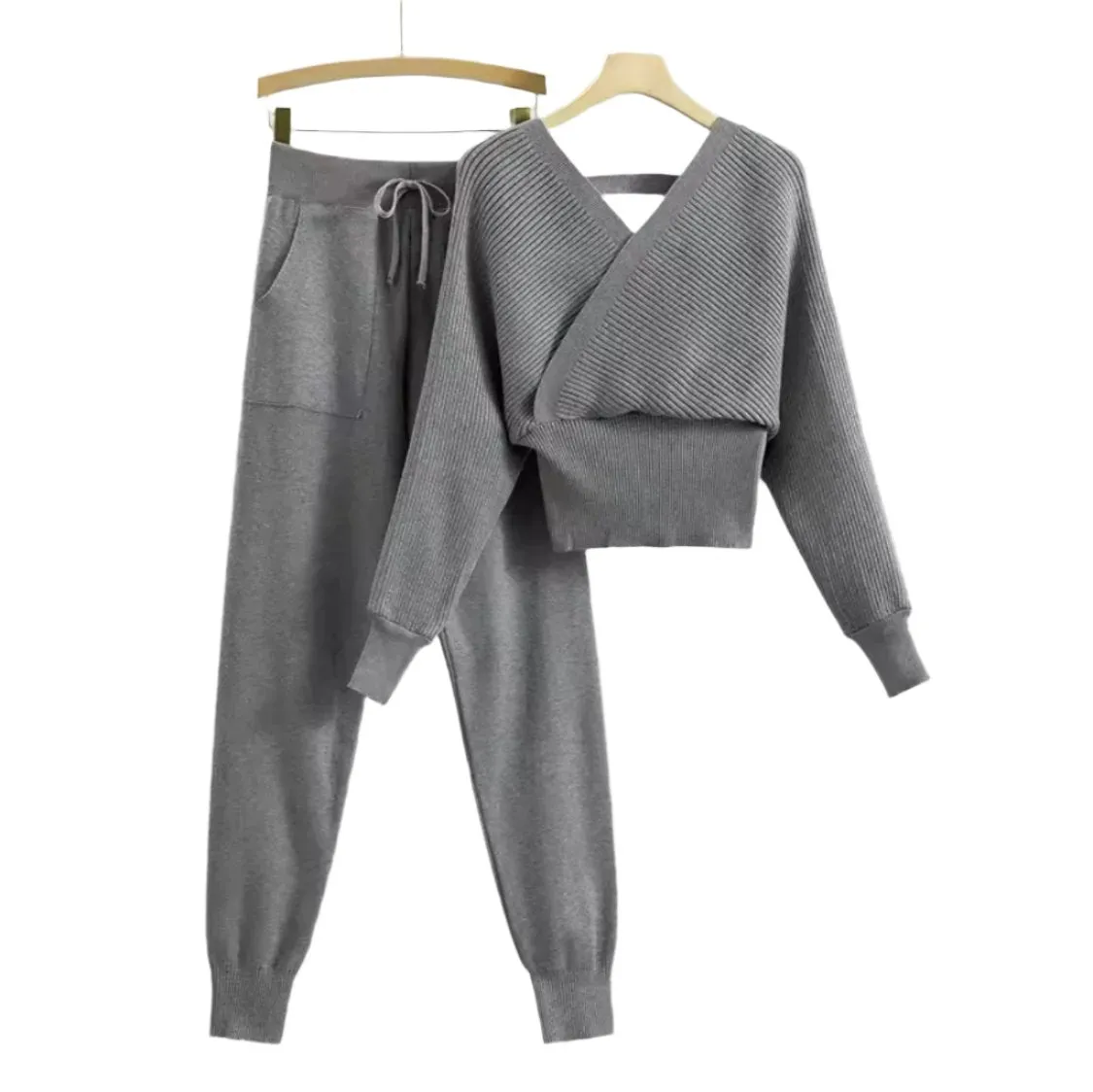 V Neck Knitted Sweater Pant Set