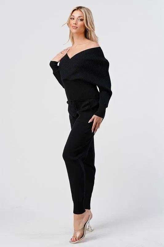 V Neck Knitted Sweater Pant Set