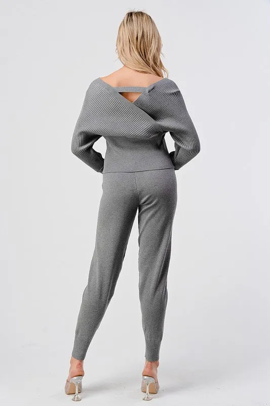 V Neck Knitted Sweater Pant Set