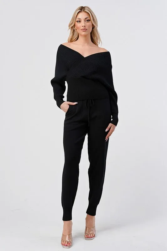 V Neck Knitted Sweater Pant Set