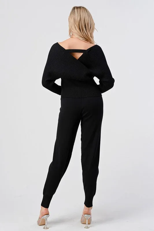 V Neck Knitted Sweater Pant Set