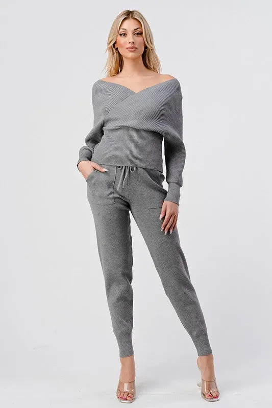 V Neck Knitted Sweater Pant Set