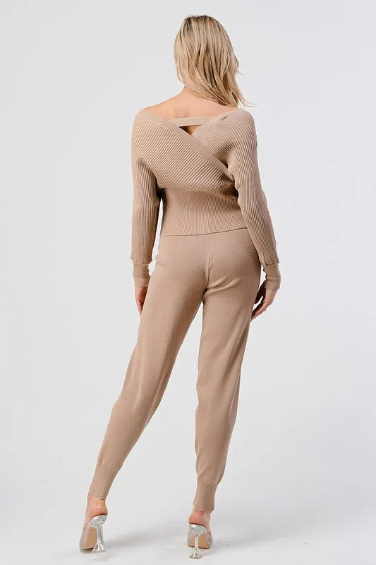 V Neck Knitted Sweater Pant Set