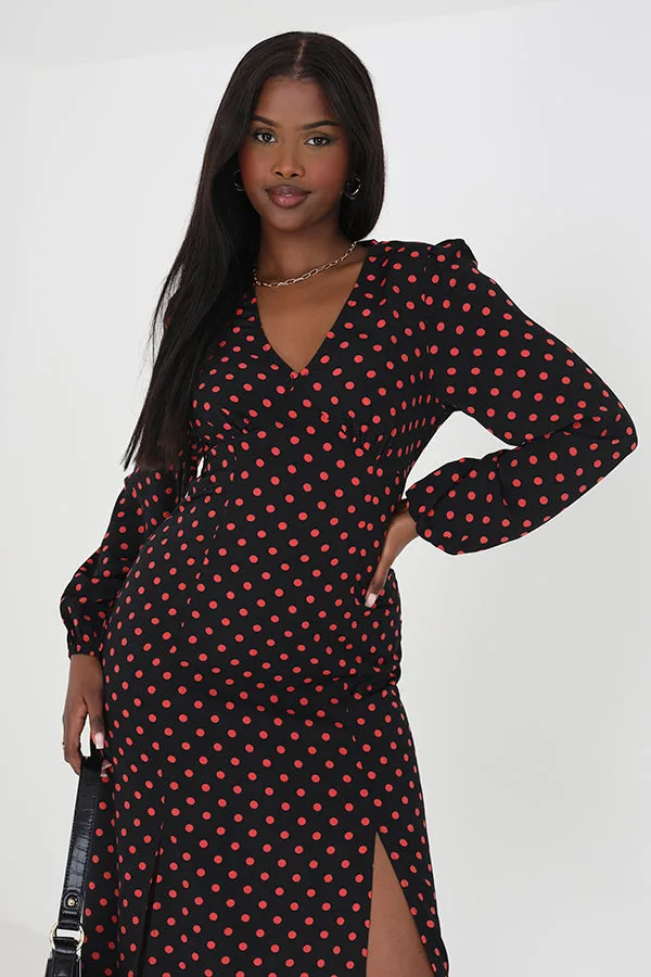 V-NECK POLKA DOT PRINT MIDI DRESS WITH FRONT SLIT