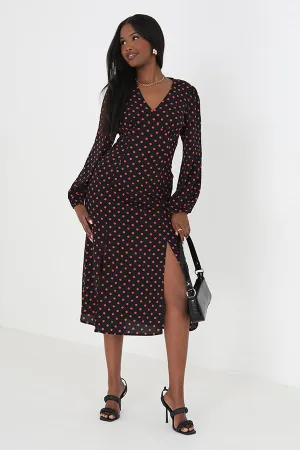 V-NECK POLKA DOT PRINT MIDI DRESS WITH FRONT SLIT