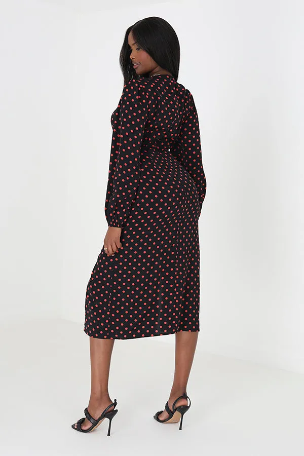 V-NECK POLKA DOT PRINT MIDI DRESS WITH FRONT SLIT