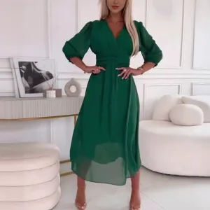 V-neck Waist-tight Long Sleeve Dress Fashion Slimming Skirt Solid Chiffon Dresses For Womens Clothing