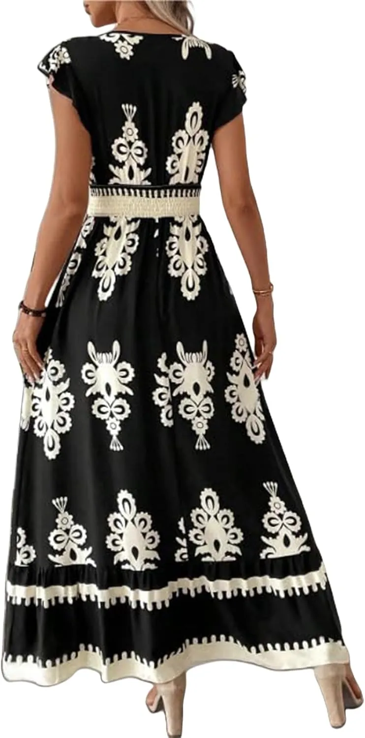 Vacation Dresses for Women 2025 Ruffle Sleeve Maxi Dresses V Neck Smocked Waist Dress Flowy A-Line Boho Floarl Dress