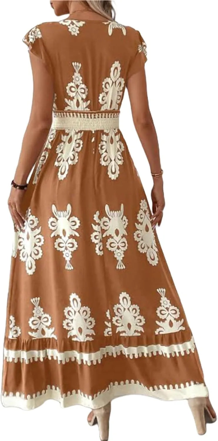 Vacation Dresses for Women 2025 Ruffle Sleeve Maxi Dresses V Neck Smocked Waist Dress Flowy A-Line Boho Floarl Dress
