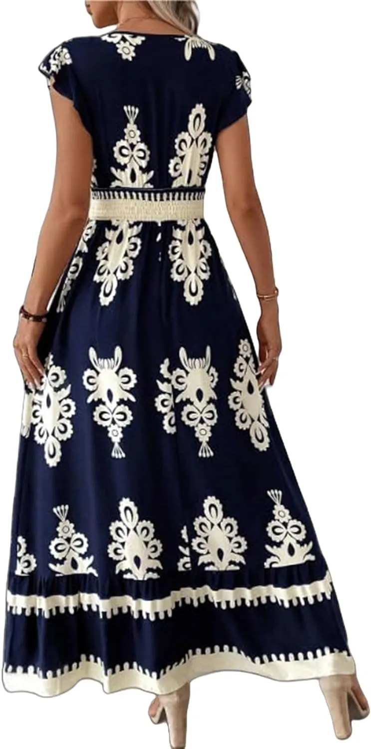 Vacation Dresses for Women 2025 Ruffle Sleeve Maxi Dresses V Neck Smocked Waist Dress Flowy A-Line Boho Floarl Dress