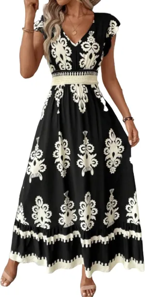 Vacation Dresses for Women 2025 Ruffle Sleeve Maxi Dresses V Neck Smocked Waist Dress Flowy A-Line Boho Floarl Dress