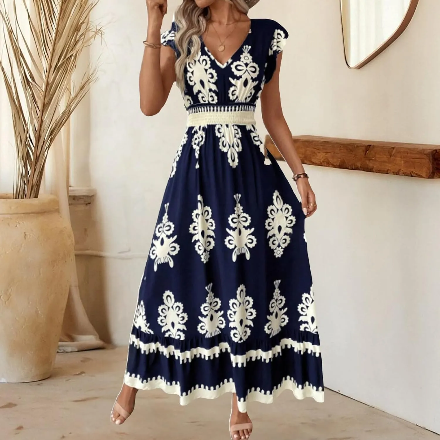Vacation Dresses for Women 2025 Ruffle Sleeve Maxi Dresses V Neck Smocked Waist Dress Flowy A-Line Boho Floarl Dress