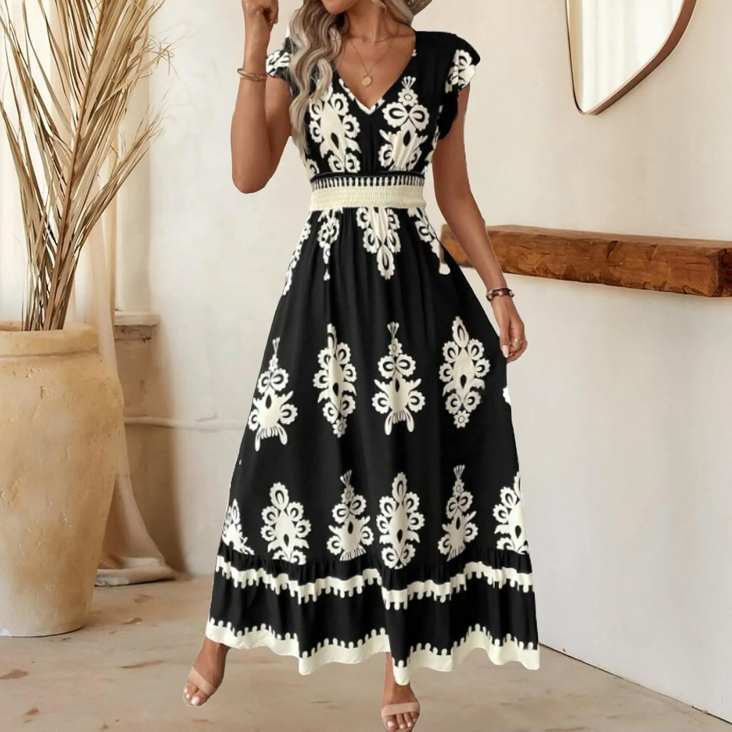 Vacation Dresses for Women 2025 Ruffle Sleeve Maxi Dresses V Neck Smocked Waist Dress Flowy A-Line Boho Floarl Dress