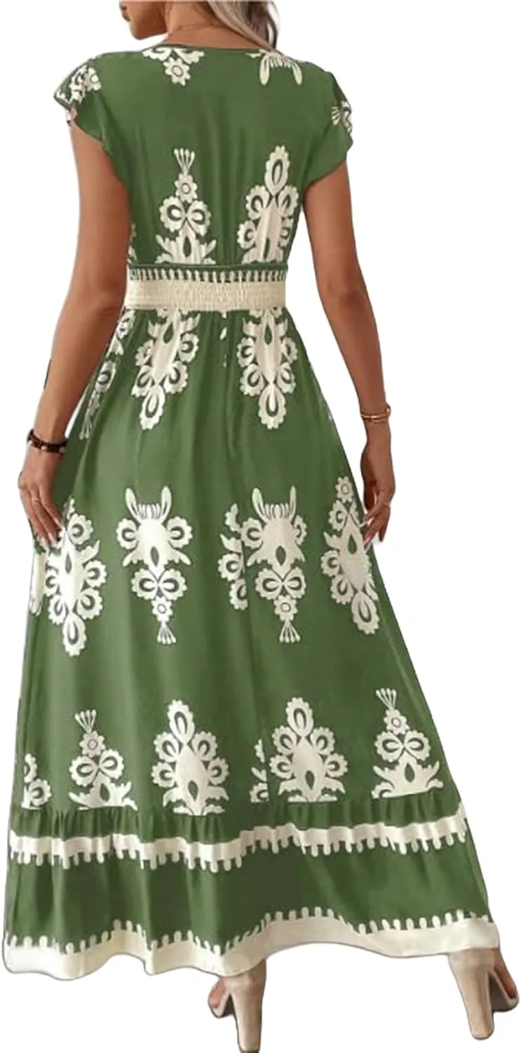 Vacation Dresses for Women 2025 Ruffle Sleeve Maxi Dresses V Neck Smocked Waist Dress Flowy A-Line Boho Floarl Dress