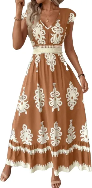 Vacation Dresses for Women 2025 Ruffle Sleeve Maxi Dresses V Neck Smocked Waist Dress Flowy A-Line Boho Floarl Dress
