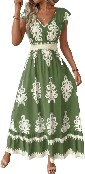 Vacation Dresses for Women 2025 Ruffle Sleeve Maxi Dresses V Neck Smocked Waist Dress Flowy A-Line Boho Floarl Dress