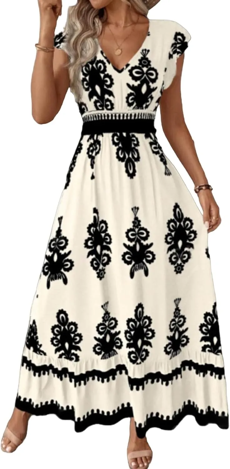 Vacation Dresses for Women 2025 Ruffle Sleeve Maxi Dresses V Neck Smocked Waist Dress Flowy A-Line Boho Floarl Dress