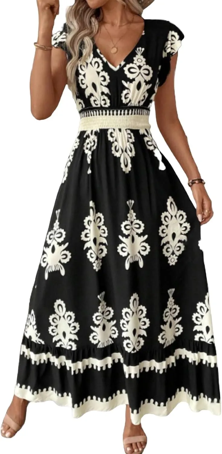 Vacation Dresses for Women 2025 Ruffle Sleeve Maxi Dresses V Neck Smocked Waist Dress Flowy A-Line Boho Floarl Dress