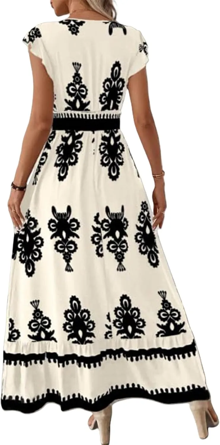 Vacation Dresses for Women 2025 Ruffle Sleeve Maxi Dresses V Neck Smocked Waist Dress Flowy A-Line Boho Floarl Dress
