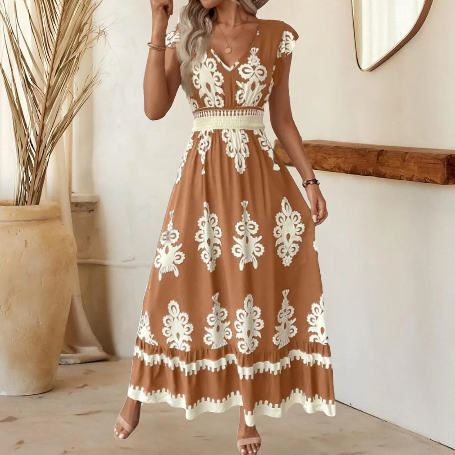 Vacation Dresses for Women 2025 Ruffle Sleeve Maxi Dresses V Neck Smocked Waist Dress Flowy A-Line Boho Floarl Dress