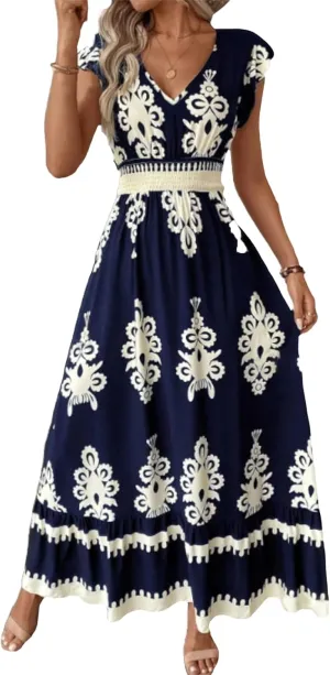 Vacation Dresses for Women 2025 Ruffle Sleeve Maxi Dresses V Neck Smocked Waist Dress Flowy A-Line Boho Floarl Dress