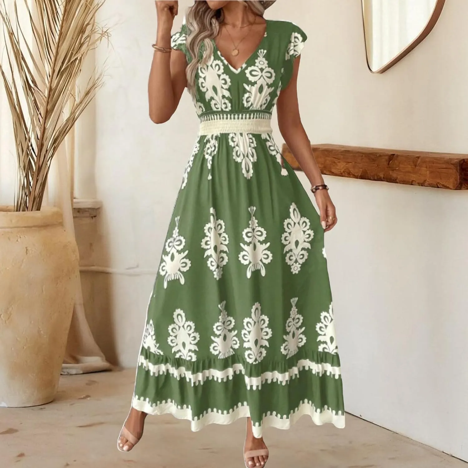 Vacation Dresses for Women 2025 Ruffle Sleeve Maxi Dresses V Neck Smocked Waist Dress Flowy A-Line Boho Floarl Dress