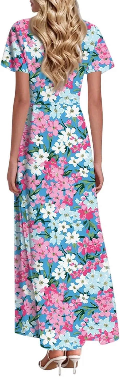 Vacation Outfits for Women,Women's Loose Casual V-Neck Short Sleeved High Waisted Print Chiffon Dress