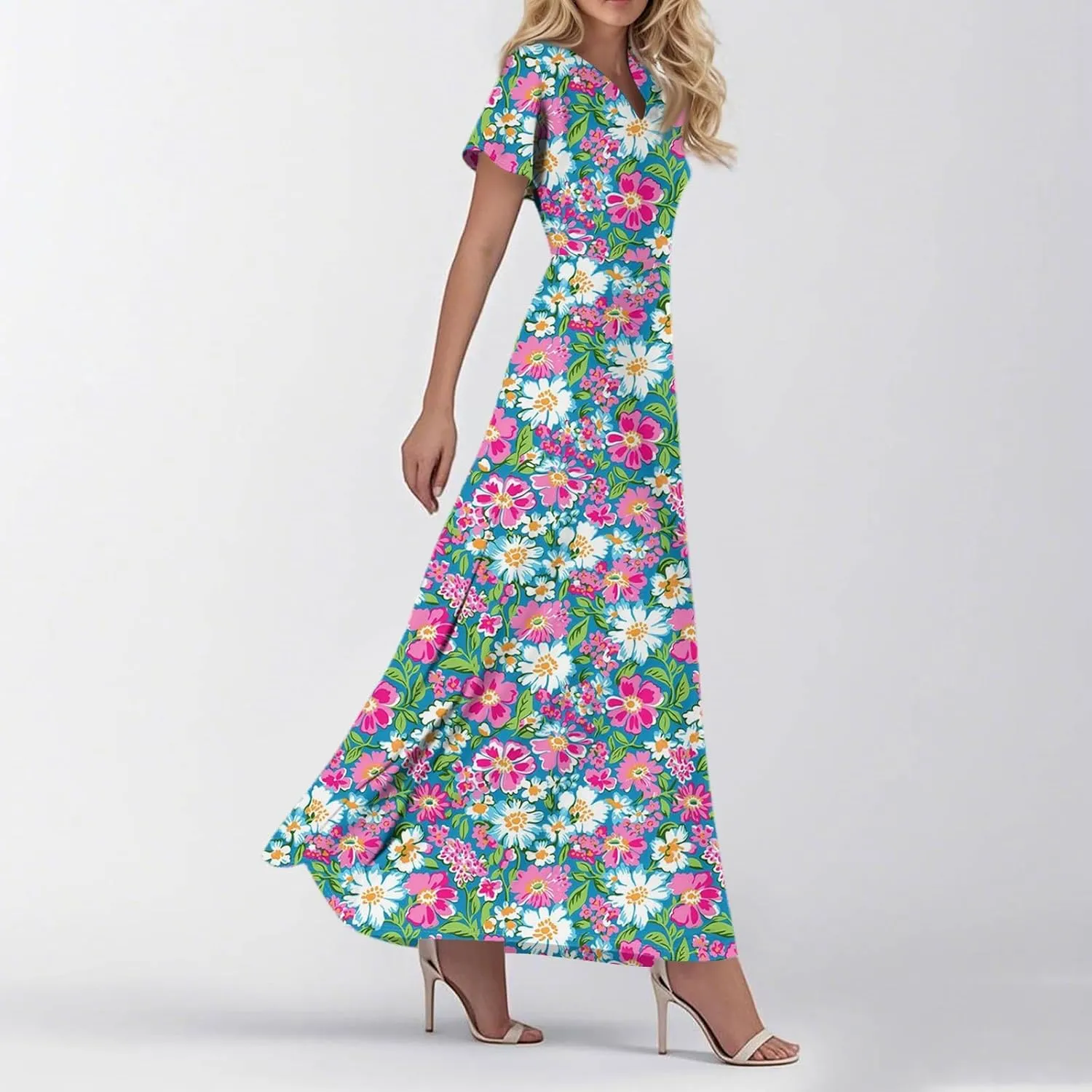 Vacation Outfits for Women,Women's Loose Casual V-Neck Short Sleeved High Waisted Print Chiffon Dress