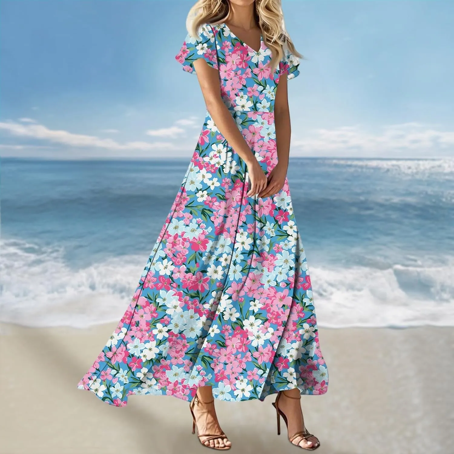Vacation Outfits for Women,Women's Loose Casual V-Neck Short Sleeved High Waisted Print Chiffon Dress