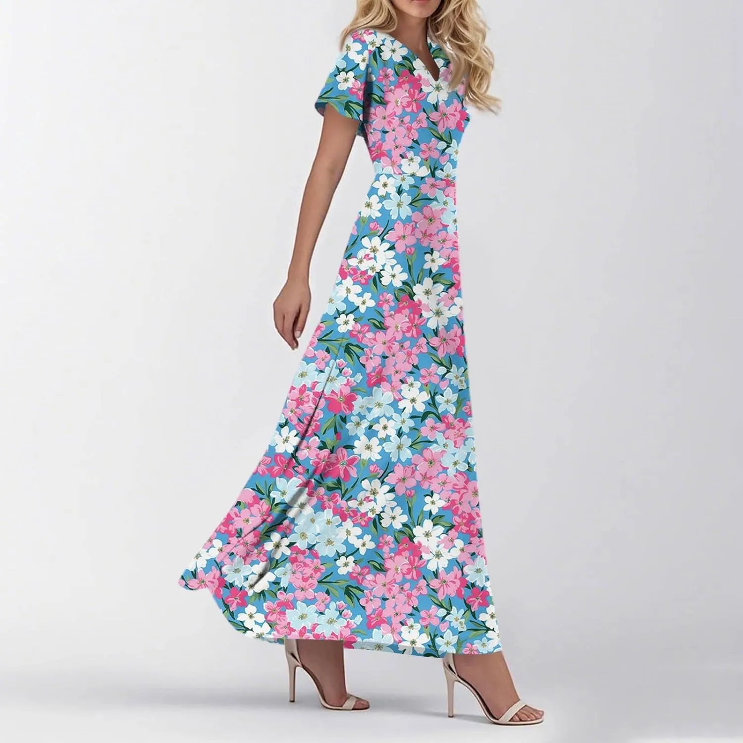 Vacation Outfits for Women,Women's Loose Casual V-Neck Short Sleeved High Waisted Print Chiffon Dress