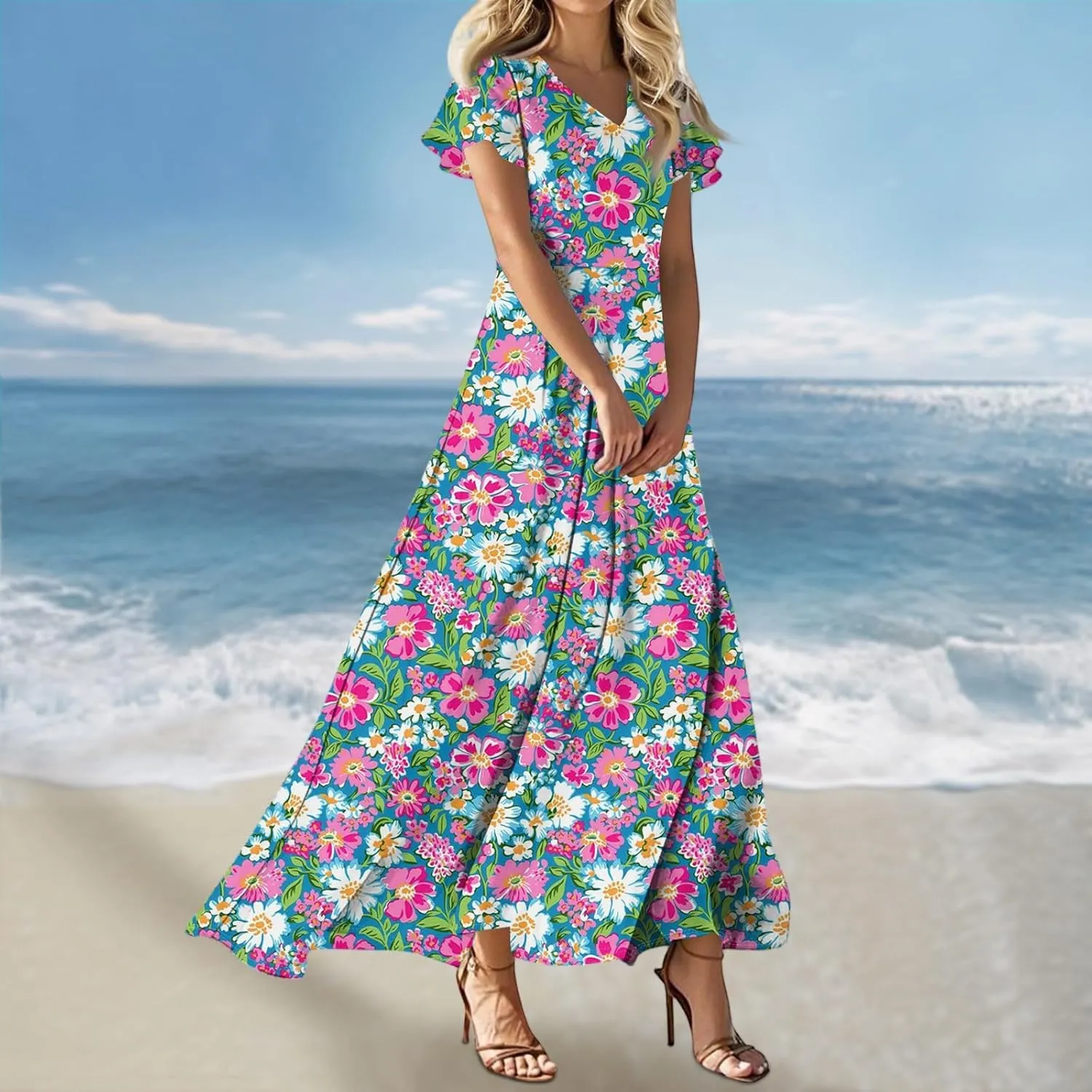 Vacation Outfits for Women,Women's Loose Casual V-Neck Short Sleeved High Waisted Print Chiffon Dress
