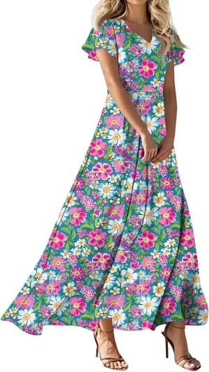 Vacation Outfits for Women,Women's Loose Casual V-Neck Short Sleeved High Waisted Print Chiffon Dress
