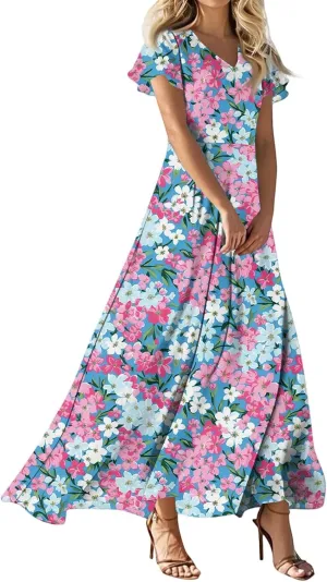 Vacation Outfits for Women,Women's Loose Casual V-Neck Short Sleeved High Waisted Print Chiffon Dress