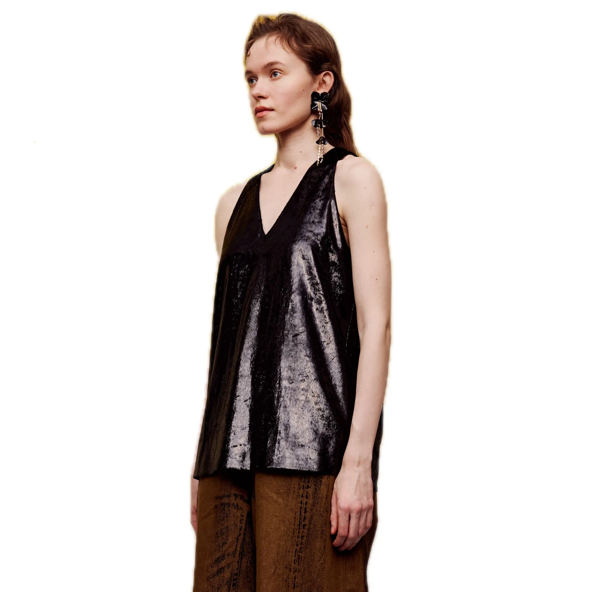 Velvet Laminated V-neck Tank Top in Black