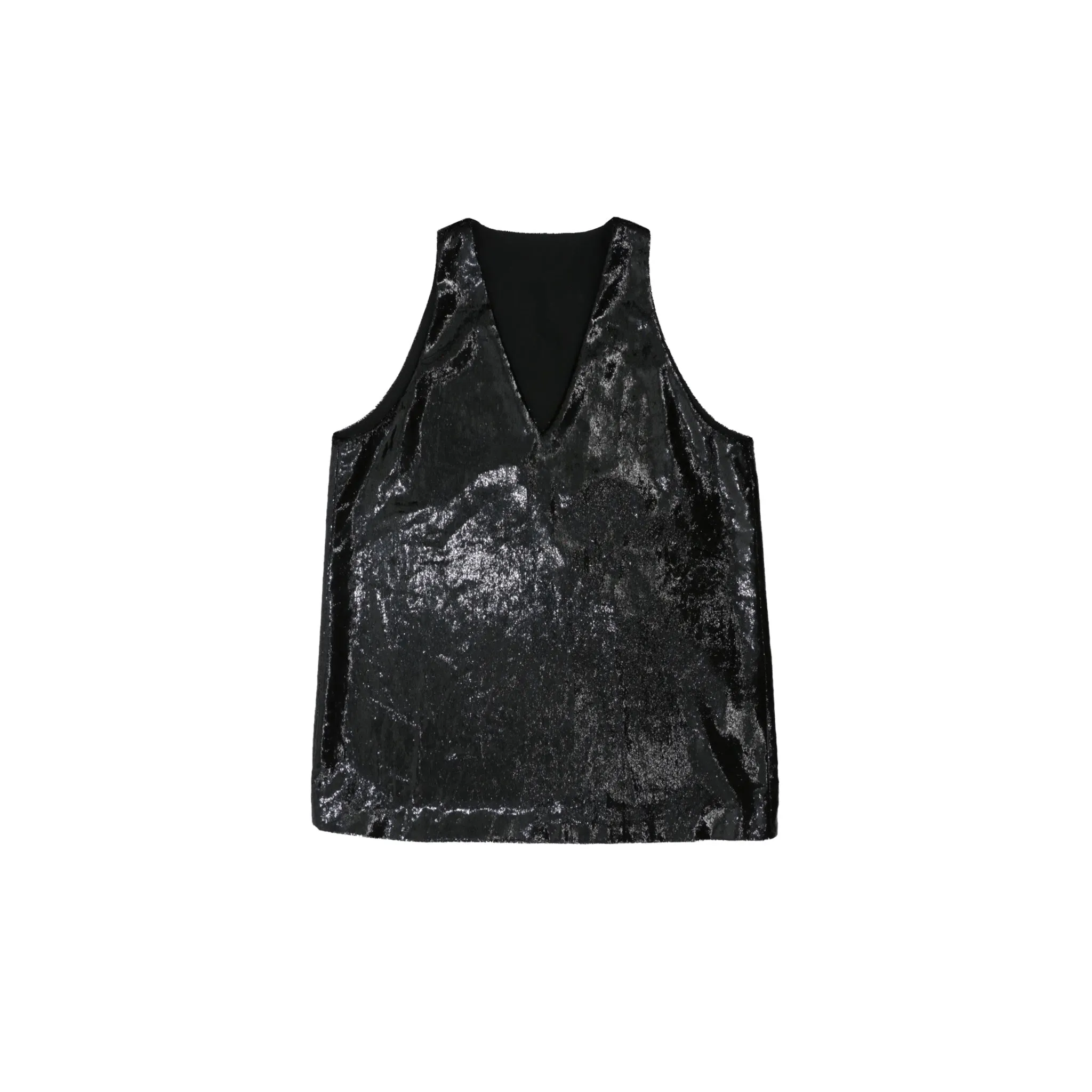 Velvet Laminated V-neck Tank Top in Black