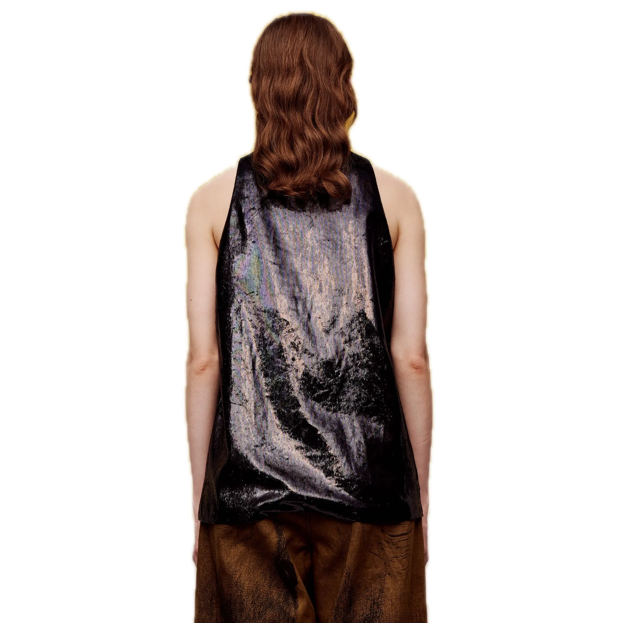 Velvet Laminated V-neck Tank Top in Black