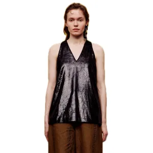 Velvet Laminated V-neck Tank Top in Black
